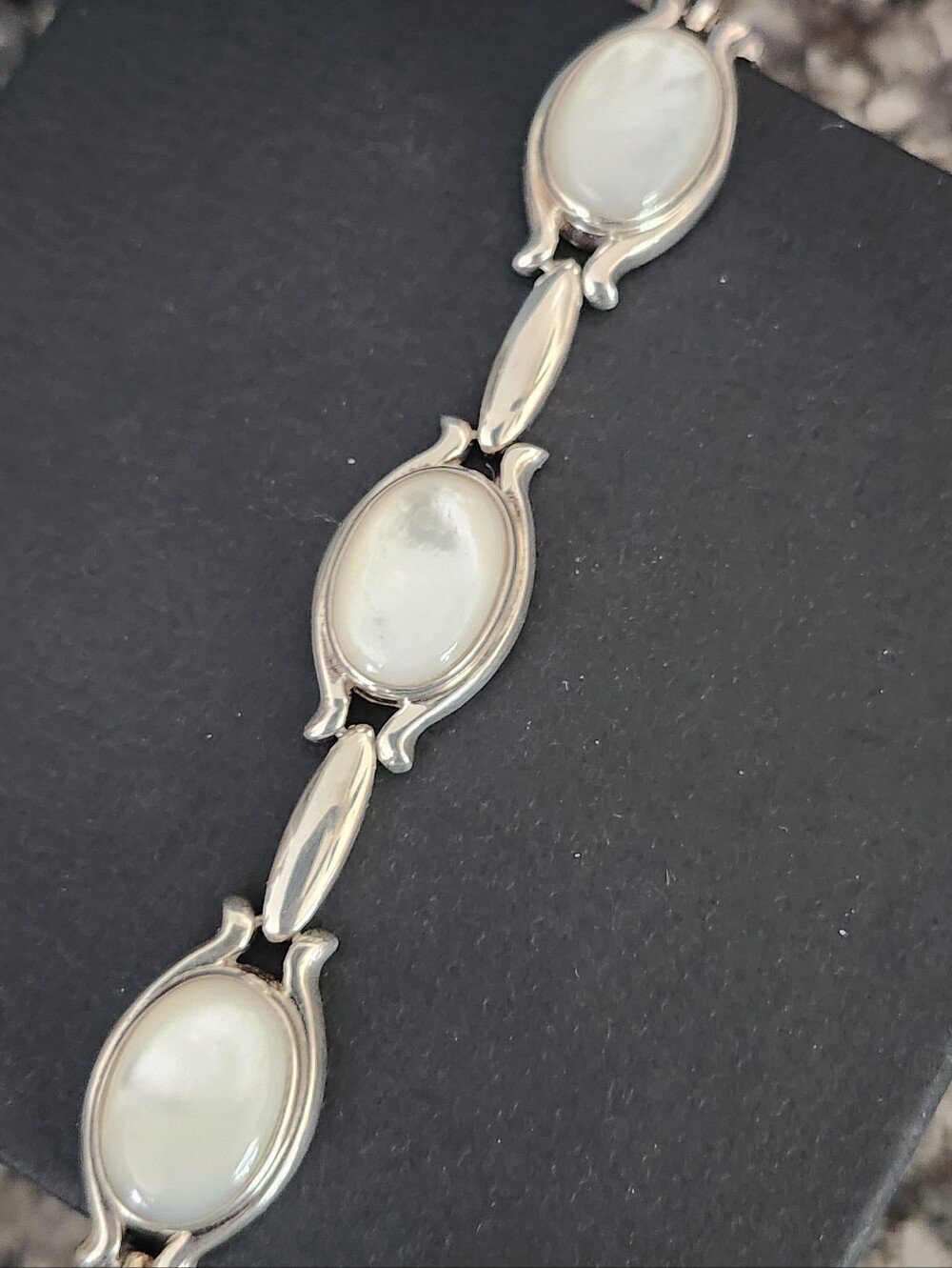Vtg Thailand Sterling Silver Mother of Pearl Oval Link Bracelet